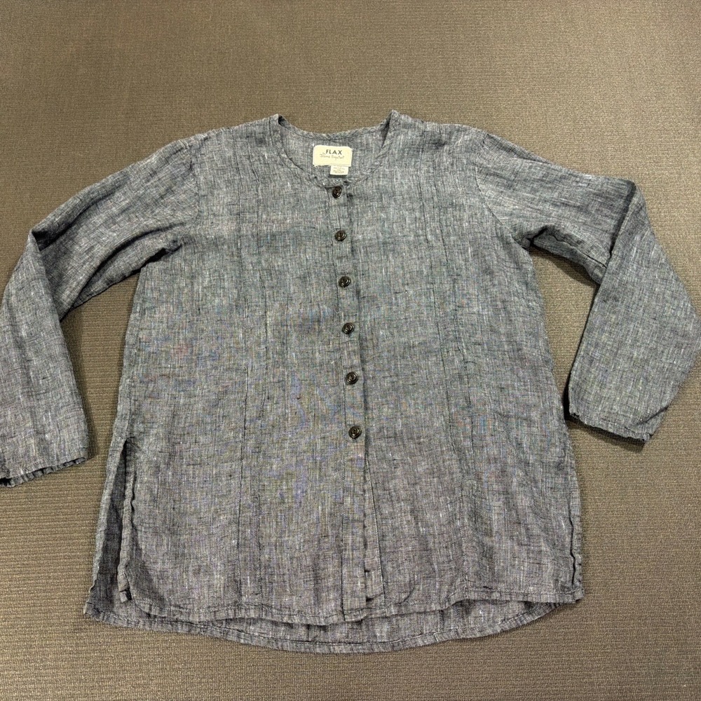 FLAX Women's Linen Button Front Pleated Long Sleeve Tunic Top Medium Blue Gray